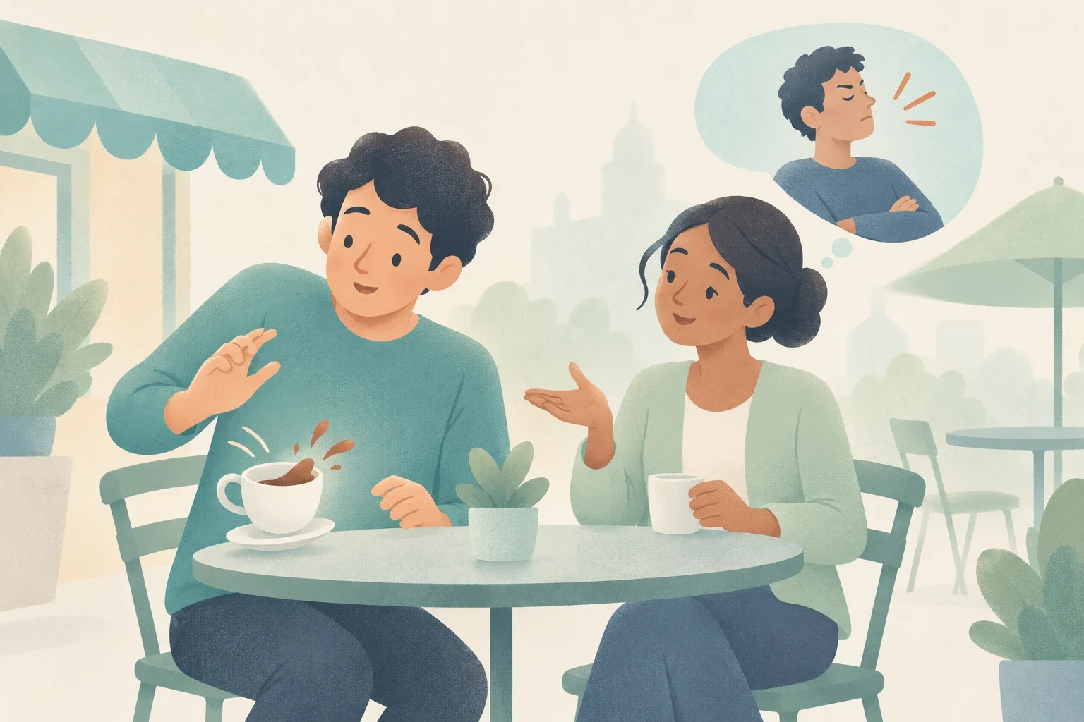 Editorial illustration of two people at an outdoor cafe, with coffee spilling from a sudden jerk and a thought bubble depicting an inconsiderate person.