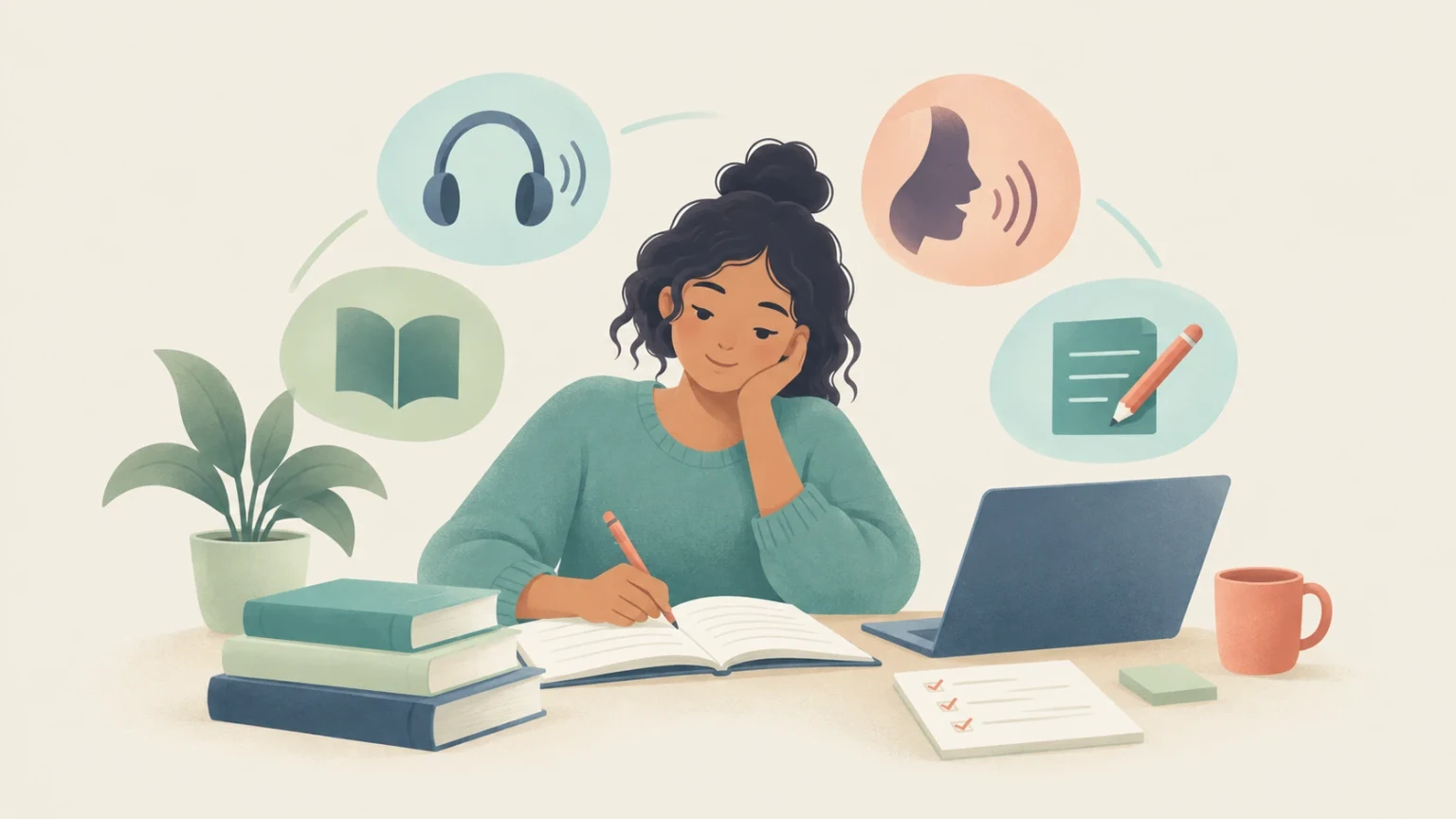 An editorial illustration of a student studying at a desk with a notebook and laptop, surrounded by icons representing listening, reading, speaking, and writing skills.
