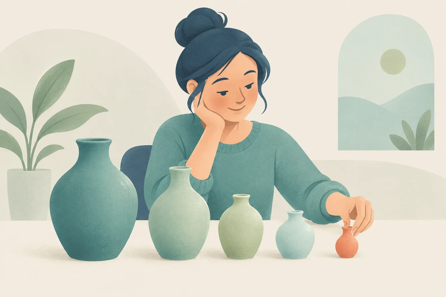 An editorial illustration of a woman at a table thoughtfully arranging five ceramic vases of varying sizes and colors in a row.