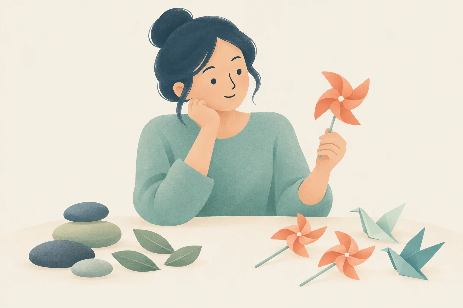 An editorial illustration of a thoughtful woman resting her chin in her hand, holding a toy pinwheel at a table with stacked stones and origami cranes.