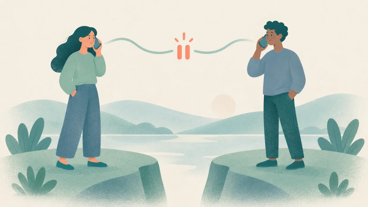 Two people hold phones on opposite sides of a landscape gap, with a broken connecting line and coral interruption symbol between them.