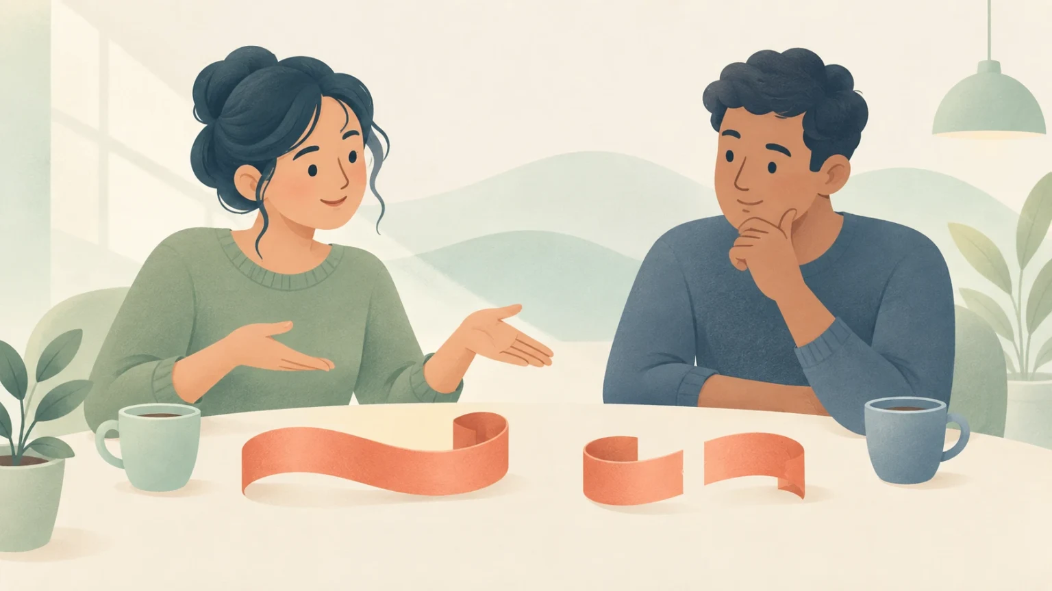 An editorial illustration of a woman and a man conversing at a table with coffee mugs, featuring a continuous ribbon in front of the woman and a divided ribbon in front of the man.