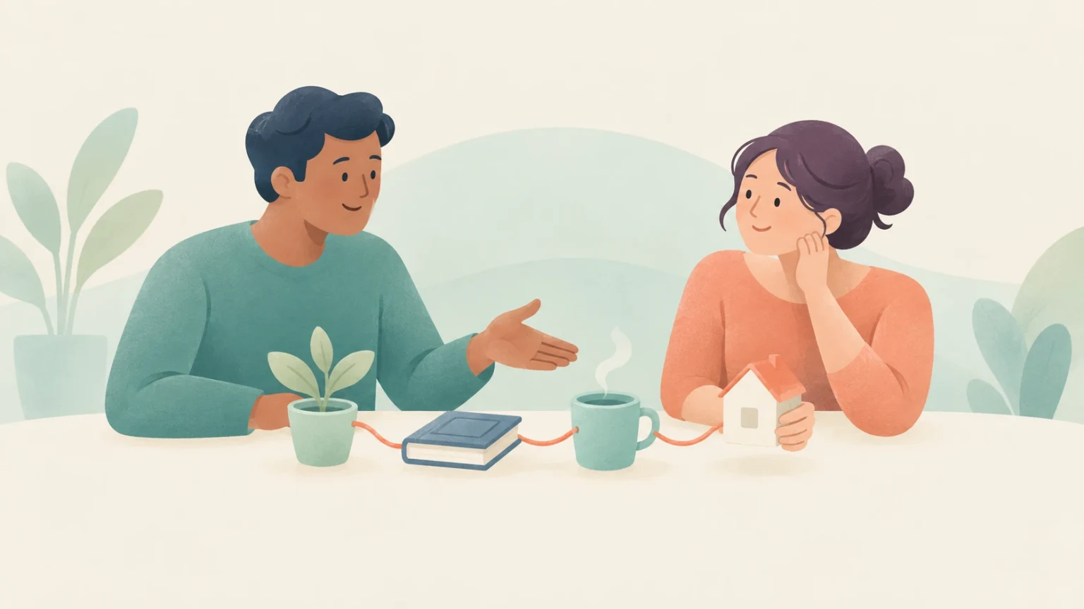 Editorial illustration of two people at a table talking, with a potted plant, book, mug, and small house connected by a cord.