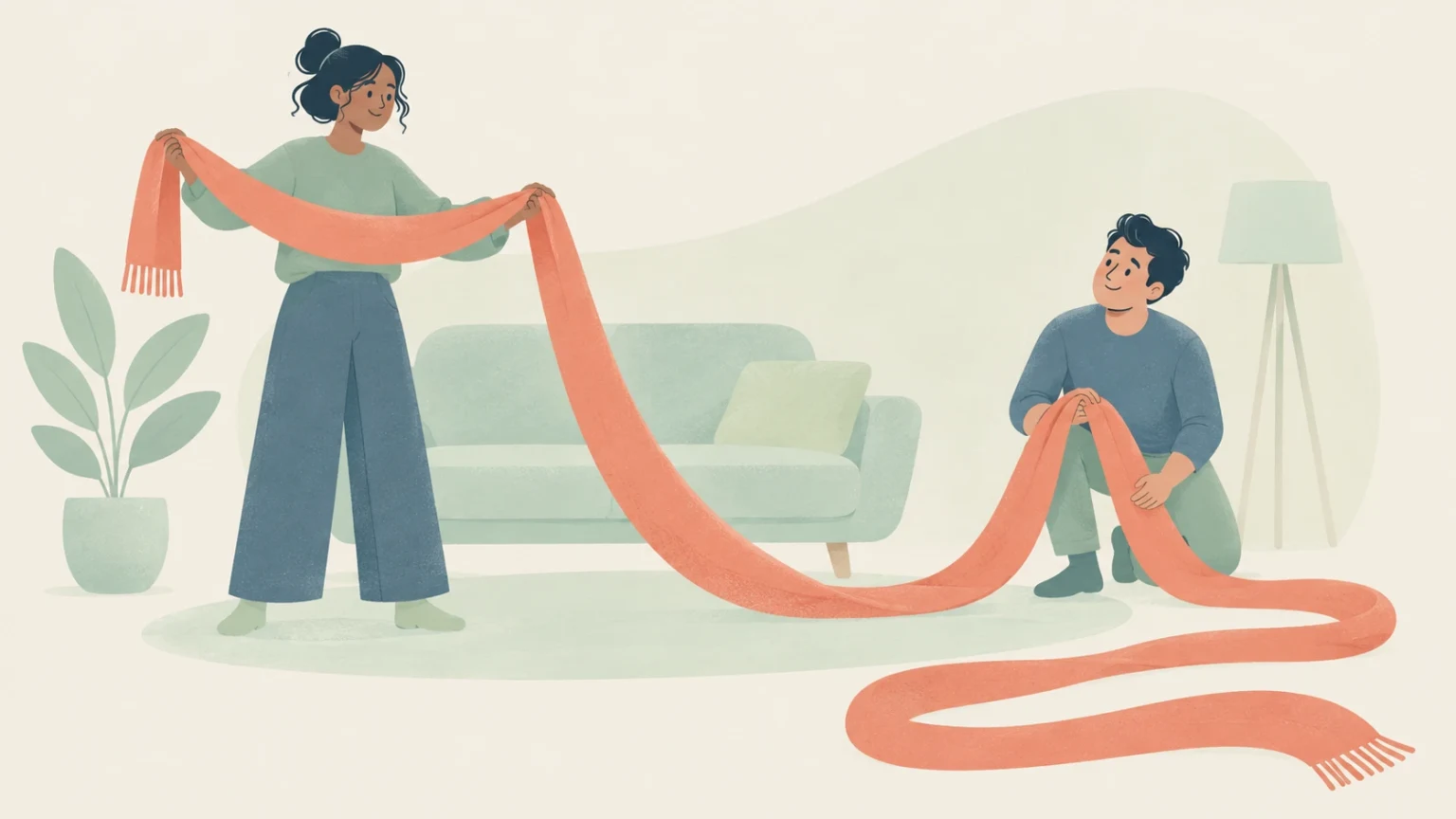 A woman and a man in a living room holding an excessively long coral scarf that stretches across the floor.