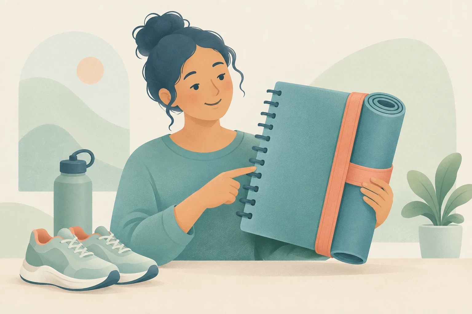 Editorial illustration of a smiling woman pointing to a spiral notebook bound with a yoga mat, with running shoes and a water bottle on the table.