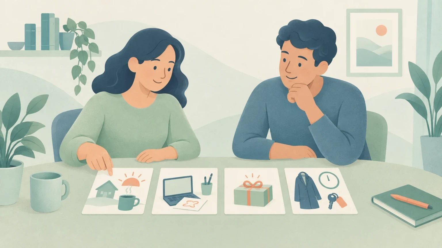 A man and a woman sit at a table reviewing four illustrated cards depicting daily routines, projects, a gift, and upcoming departure plans.