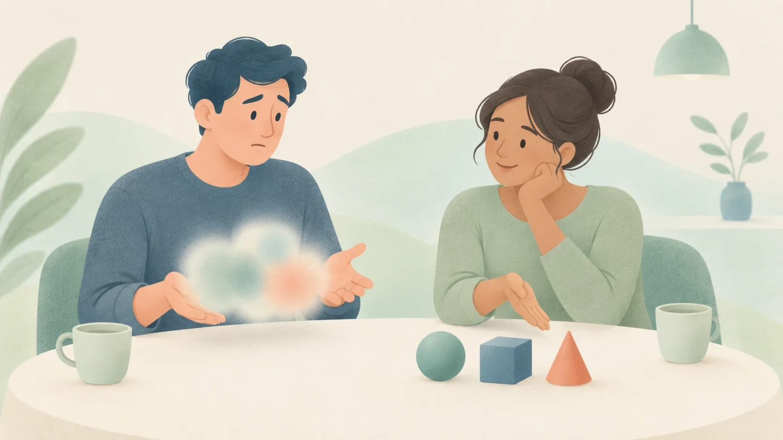 An editorial illustration of a man holding blurry clouds and a woman gesturing toward distinct geometric shapes on a table.
