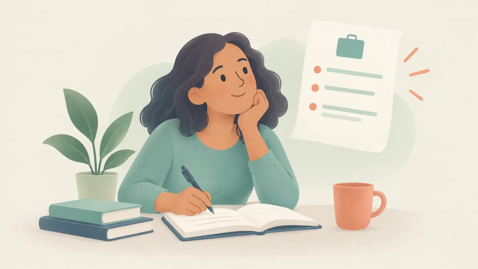An editorial illustration of a woman at a desk thoughtfully writing in a notebook next to a resume document with bullet points.