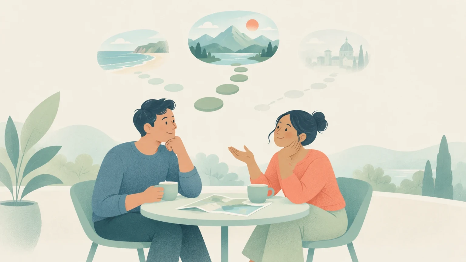 Two people sit at an outdoor table discussing travel options, with thought bubbles above showing a beach, mountains, and a historic city.