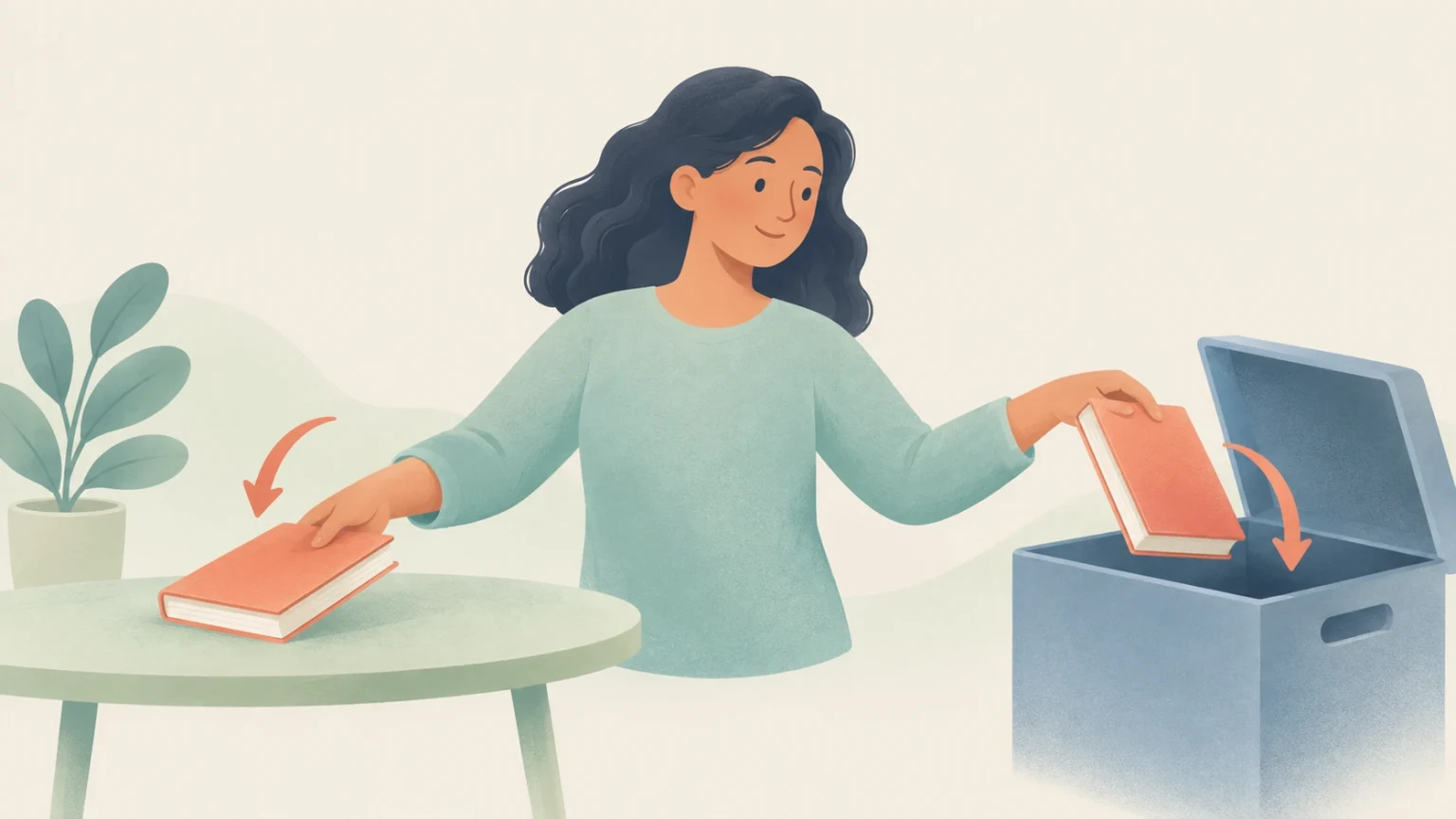 An illustration of a woman placing an orange book onto a table with one hand and another book into an open box with the other.