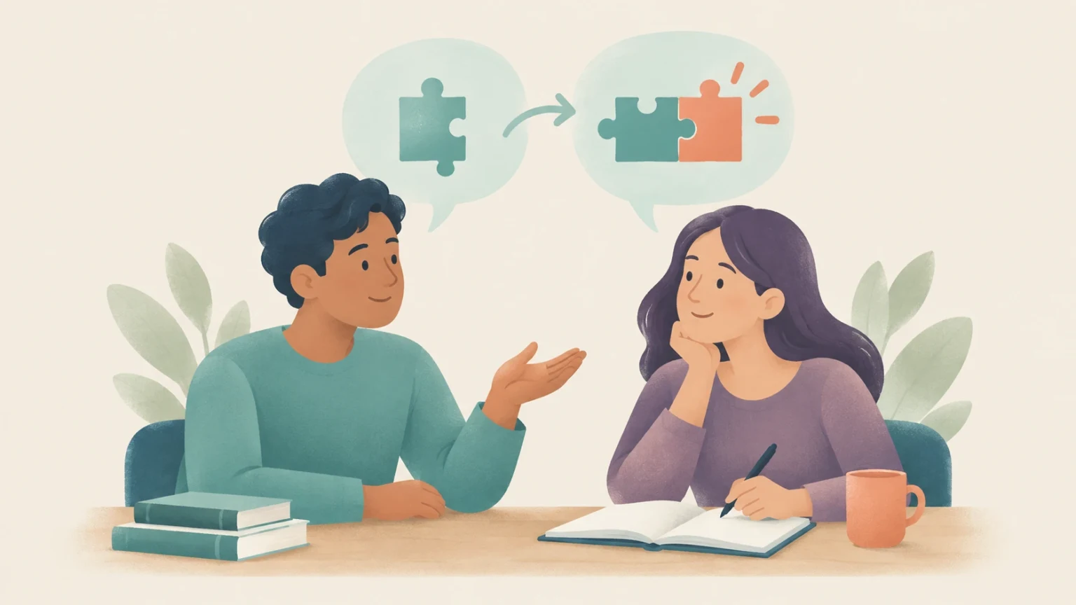 Editorial illustration of two people at a desk discussing ideas, with speech bubbles showing puzzle pieces connecting.