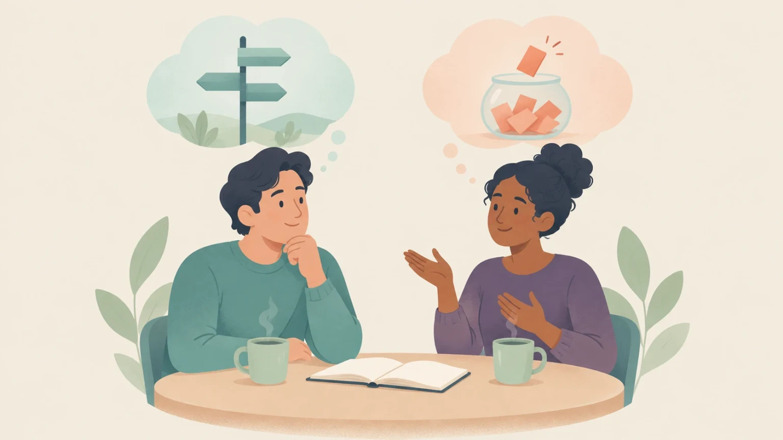 Two colleagues seated at a table with coffee mugs, one thinking of a directional signpost and the other of slips drawn from a jar.