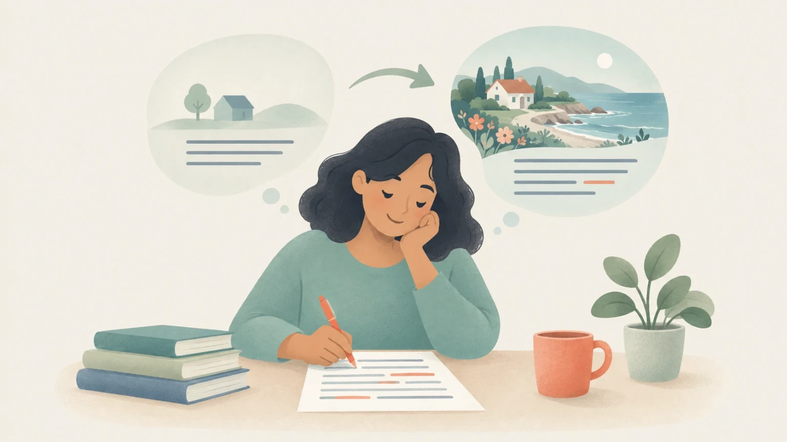 An editorial illustration of a woman writing at a desk, comparing a plain house sketch to a rich, colorful coastal scene in thought bubbles.
