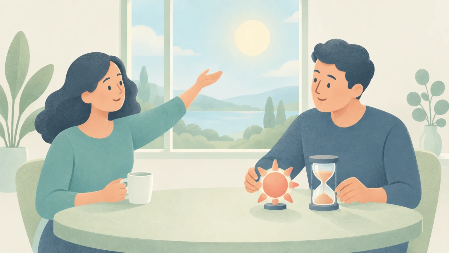 Editorial illustration of a man and woman at a table by a bright window, with an hourglass and miniature sun model.