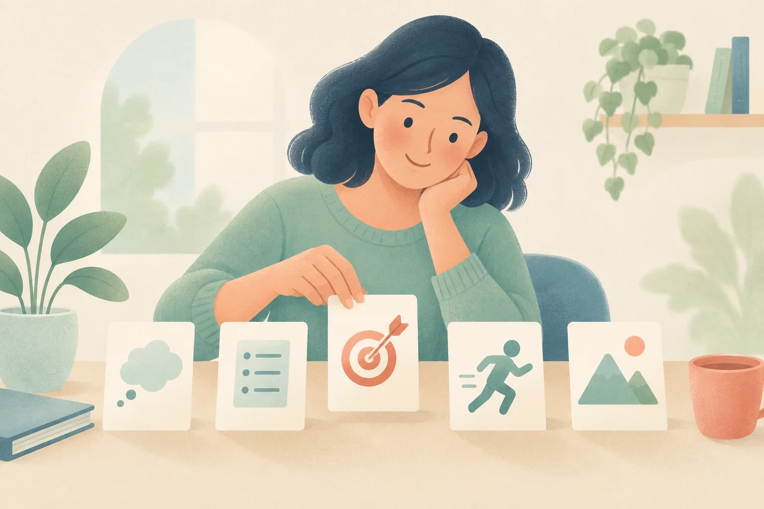 A woman sits at a desk with house plants, thoughtfully choosing among cards displaying icons representing goals and actions.