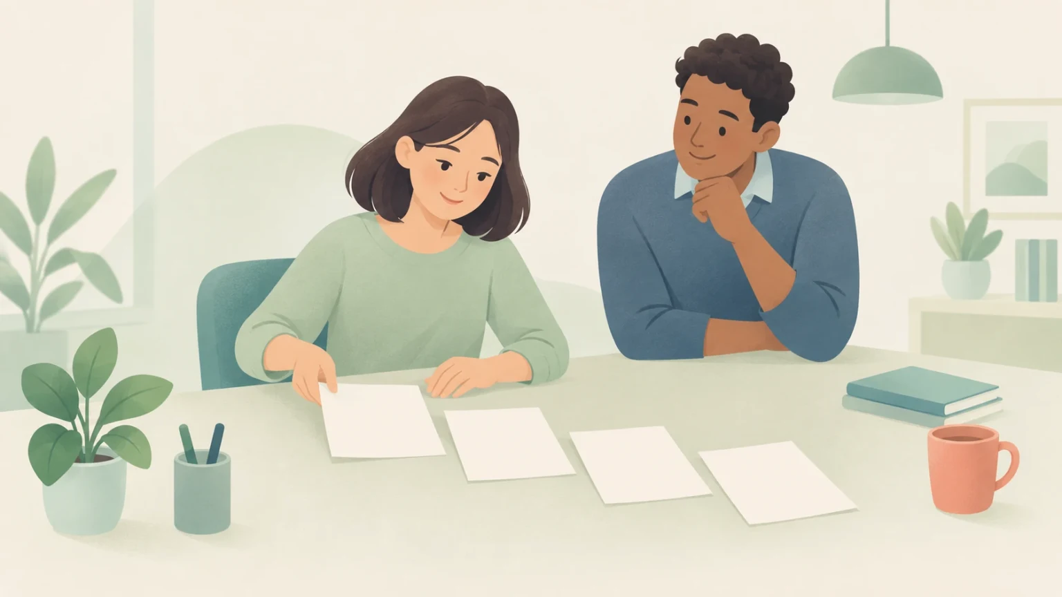 An editorial illustration of two colleagues at a desk reviewing four sheets of paper laid out in a row.