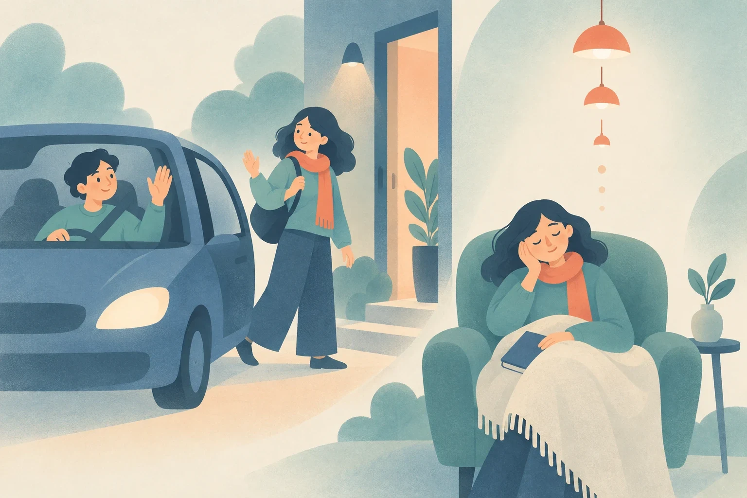 A woman waves goodbye to a driver dropping her off outside, while nearby she falls asleep comfortably in an armchair.