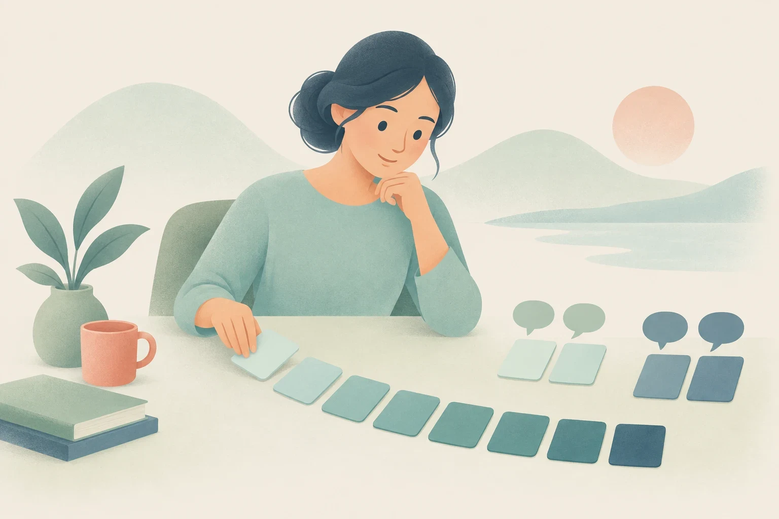 An illustration of a woman at a desk thoughtfully reviewing eight sequential cards, with books and speech bubbles nearby.
