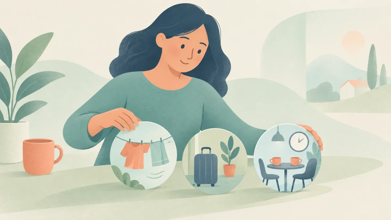 An editorial illustration of a woman presenting three circular vignettes representing an ongoing action with laundry drying, a temporary situation with a suitcase, and a fixed future plan with a cafe table and clock.