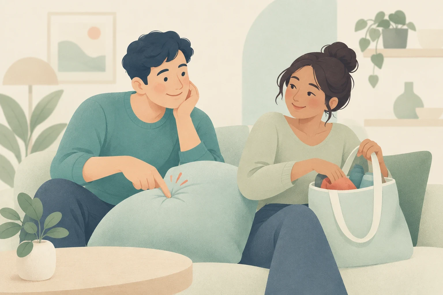 An editorial illustration of a man poking a cushion with his finger while sitting on a sofa beside a woman looking through a tote bag.