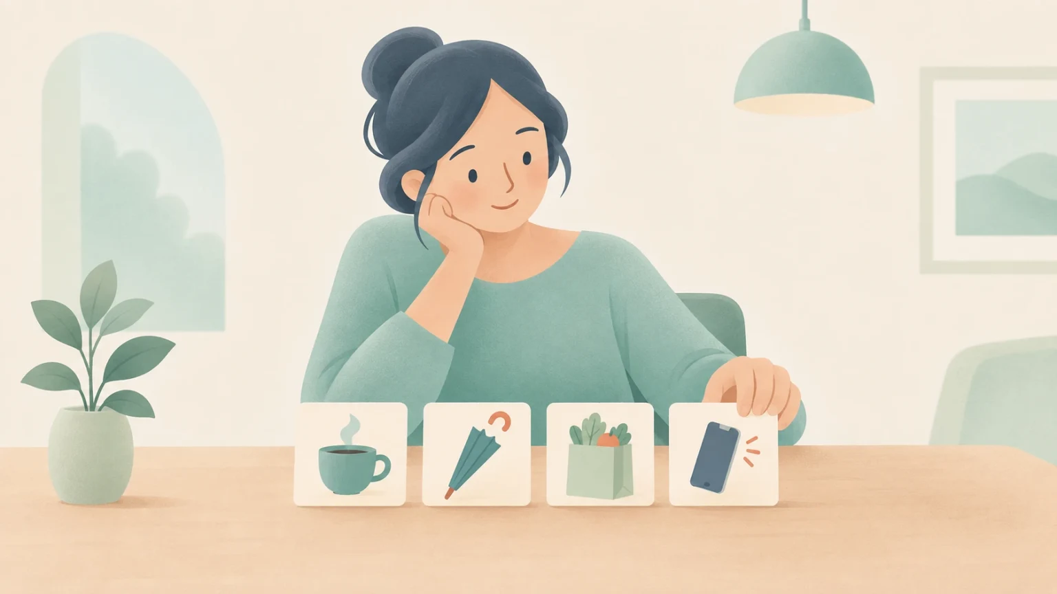 An editorial illustration of a woman looking thoughtfully at cards on a table depicting finished daily activities: drinking coffee, taking an umbrella, grocery shopping, and answering a phone call.
