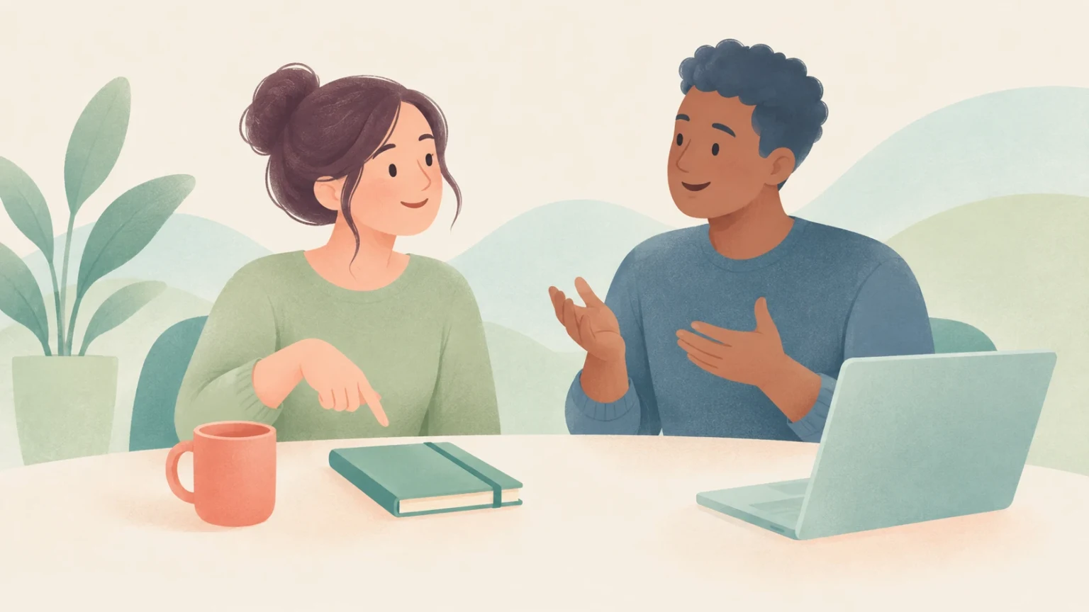 An editorial illustration of two colleagues in conversation at a desk with a laptop, notebook, and mug.