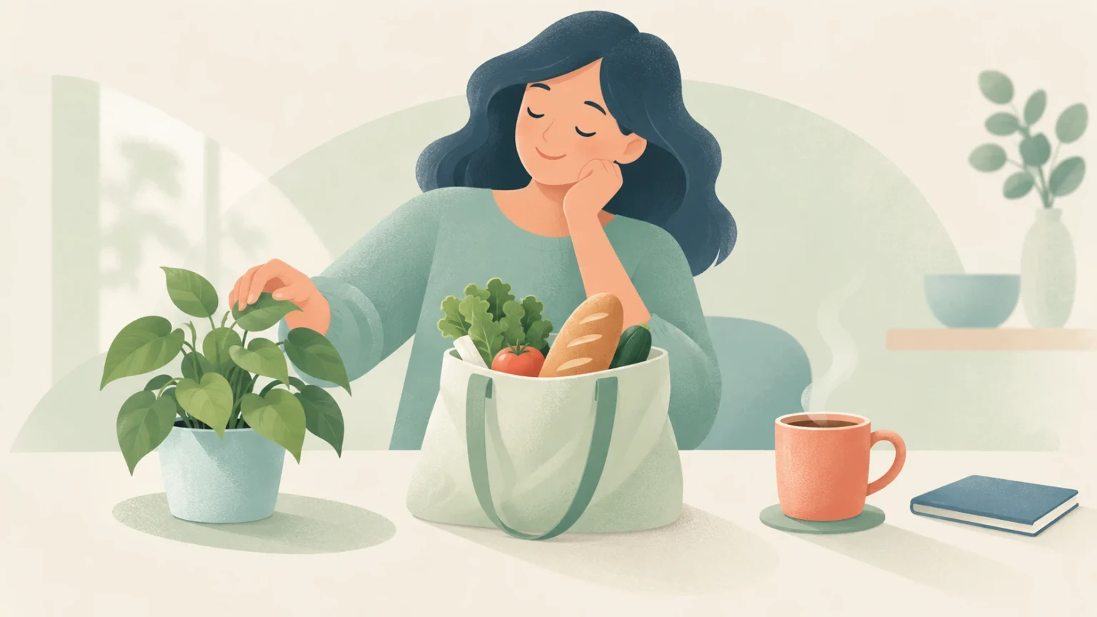 Editorial illustration of a smiling woman at a table with a bag of groceries, a houseplant, and a hot beverage.