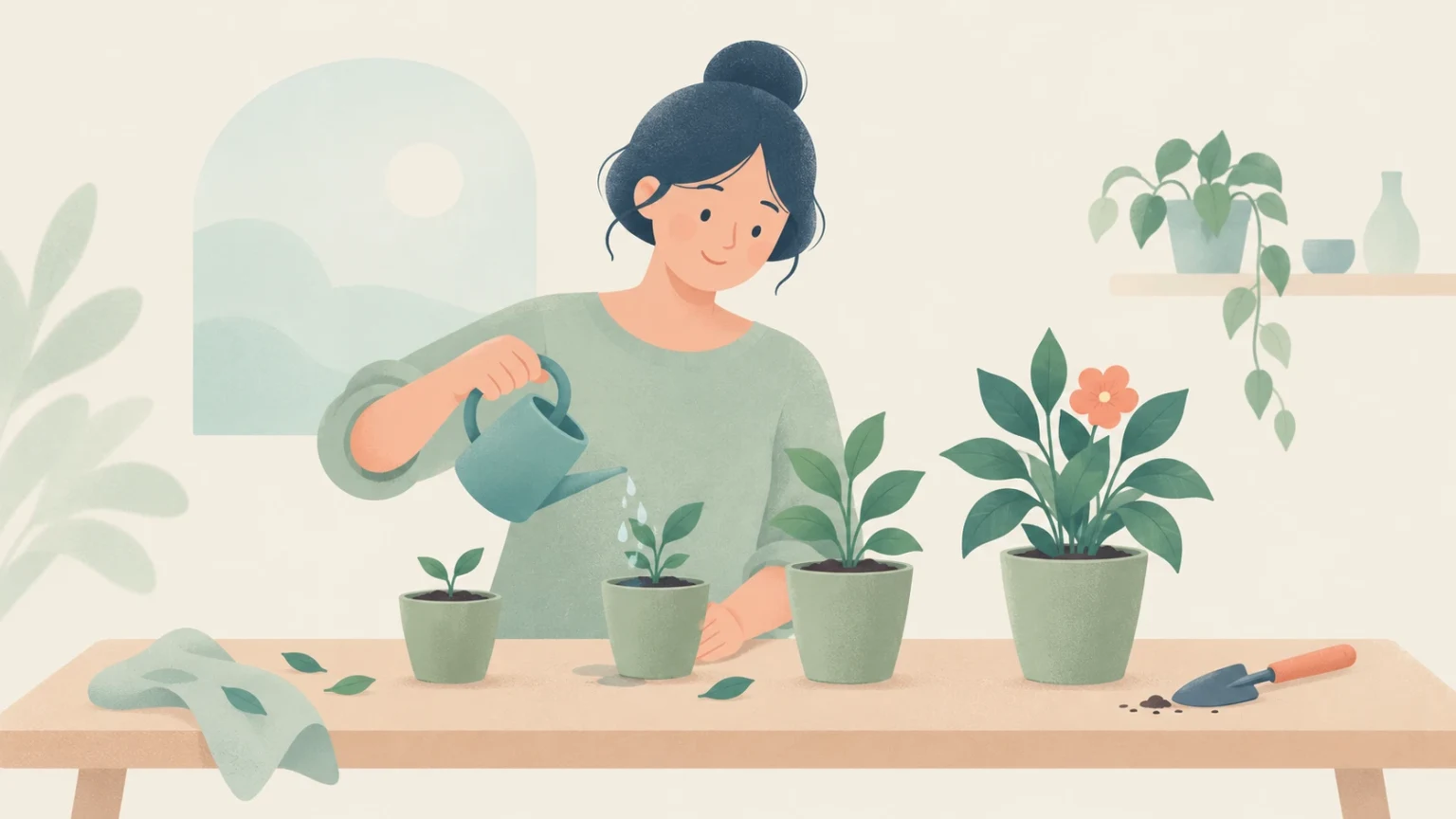 An editorial illustration of a woman watering potted plants of increasing sizes arranged on a wooden table.