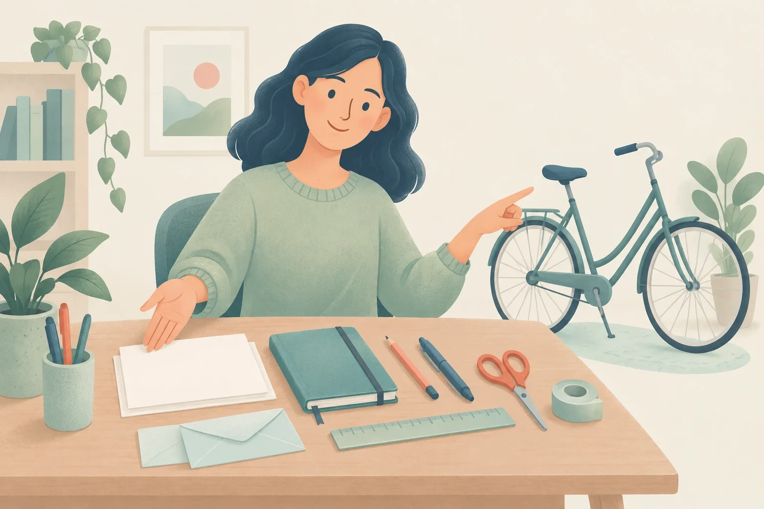 Editorial illustration of a woman seated at a desk with writing stationery, gesturing toward paper and envelopes while pointing to a stationary bicycle.