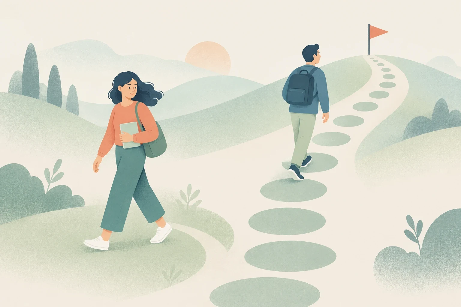 An editorial illustration of a student holding a book walking away from a stepping-stone path leading to a goal flag on a hill, while another student continues along the path.