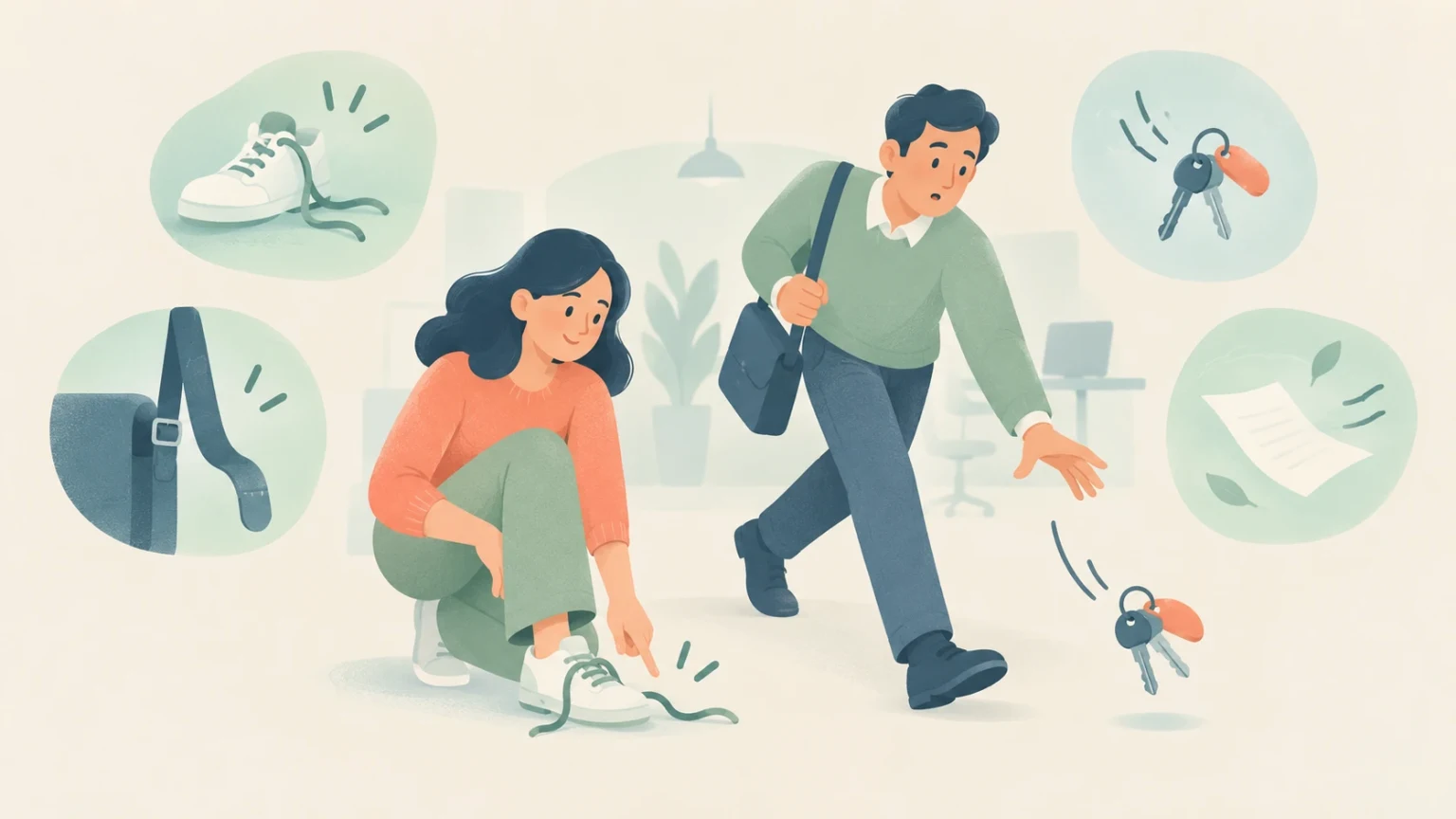A woman tying her loose shoelace next to a man reaching for his dropped keys in an office, illustrating loose versus lose.