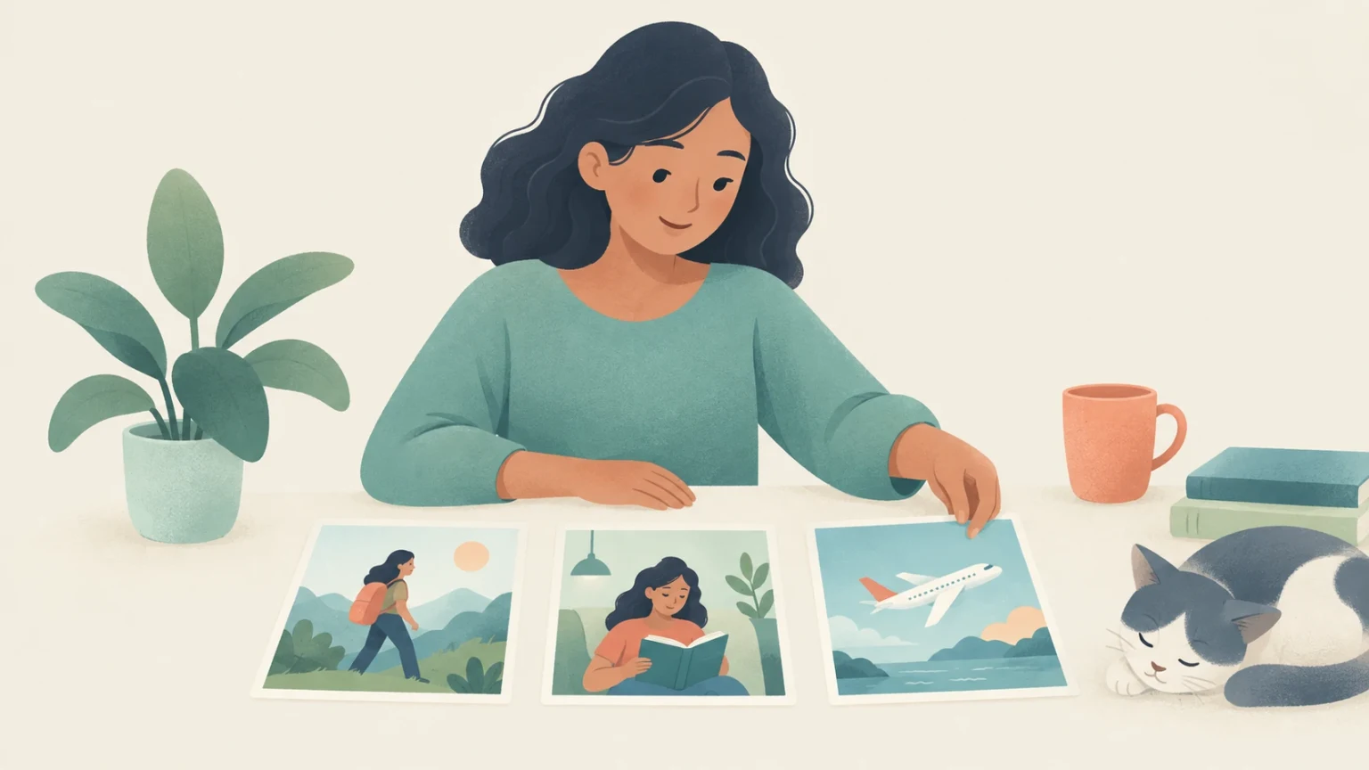 An editorial illustration of a woman at a desk arranging three cards depicting everyday scenes—hiking, reading, and a flying airplane—next to a sleeping cat.