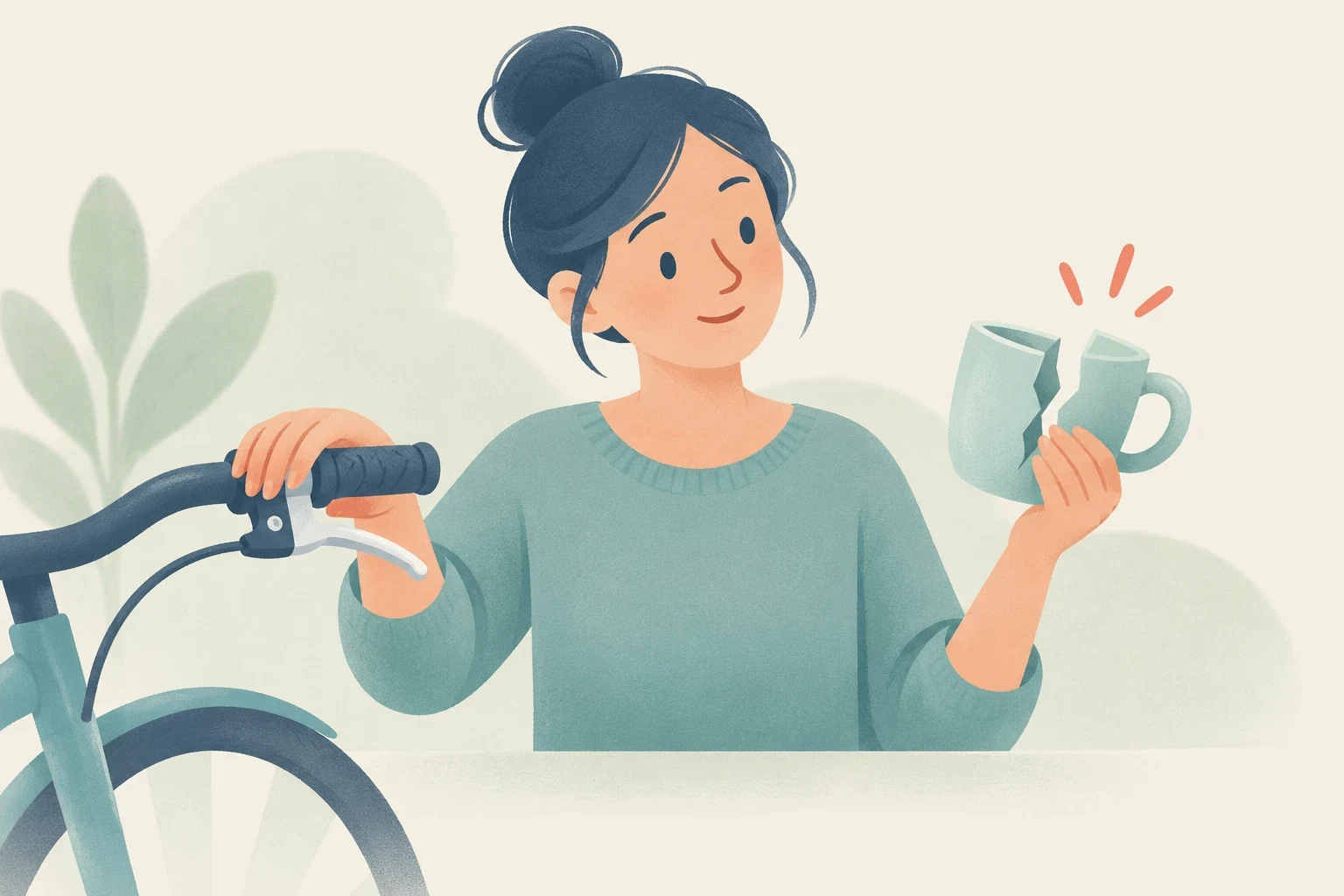 An editorial illustration of a woman resting one hand on a bicycle brake lever while holding a broken ceramic mug in the other.