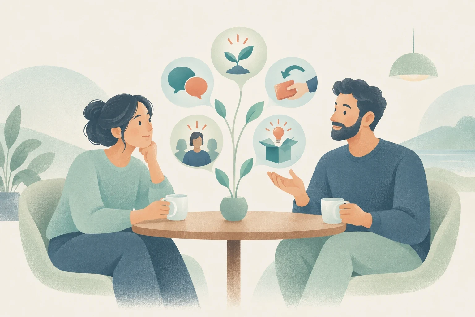 An editorial illustration of two people at a table talking over coffee, with floating icons above a plant representing discussion, growth, returning an item, expertise, and a new product release.