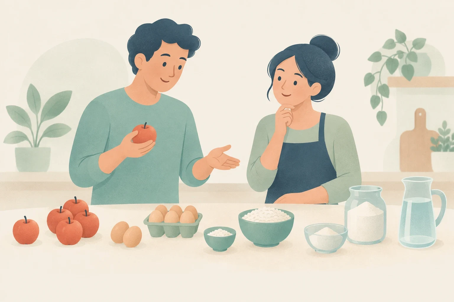 An editorial illustration of a man and a woman in a kitchen with countable and uncountable ingredients, including apples, eggs, bowls of flour, and water.