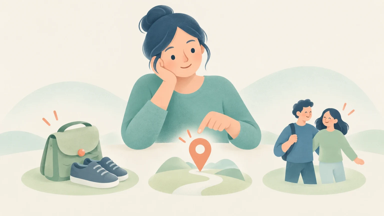 An editorial illustration of a woman pointing to a location pin, flanked by a bag and shoes on the left and a couple on the right, representing their, there, and they're.