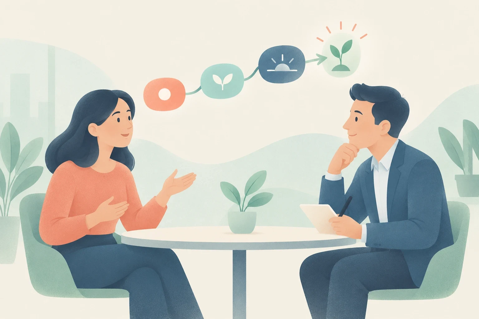 Editorial illustration of a job interview where a woman explains structured answers to an attentive interviewer.