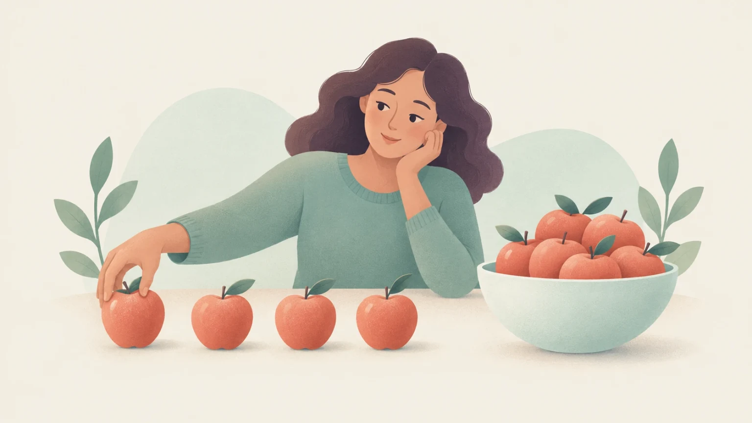 A woman rests her chin in her hand while touching one apple in a row of four, next to a bowl filled with apples.