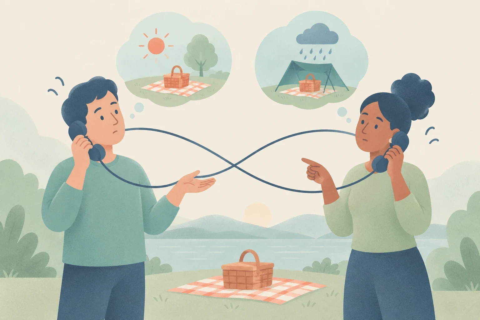 Two people hold telephone receivers with crossed cords, imagining different picnic weather: sunshine versus rain with a shelter.