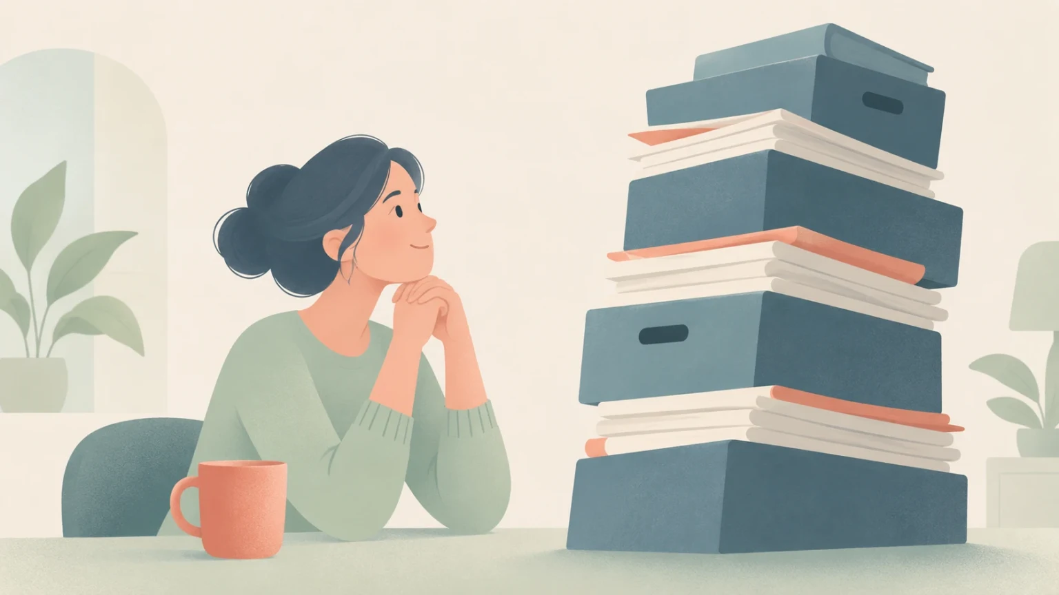 A woman sits with clasped hands beneath her chin, calmly facing a towering stack of papers and storage boxes on her desk.