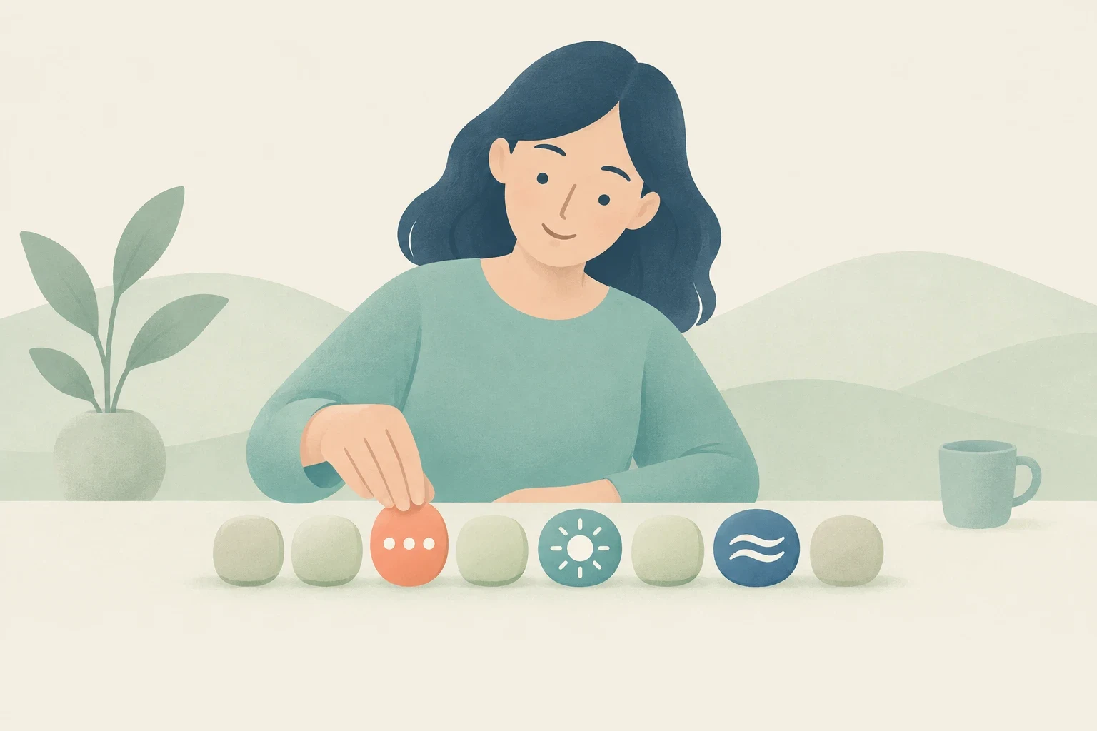 An editorial illustration of a woman carefully placing a round token into a row on a desk.