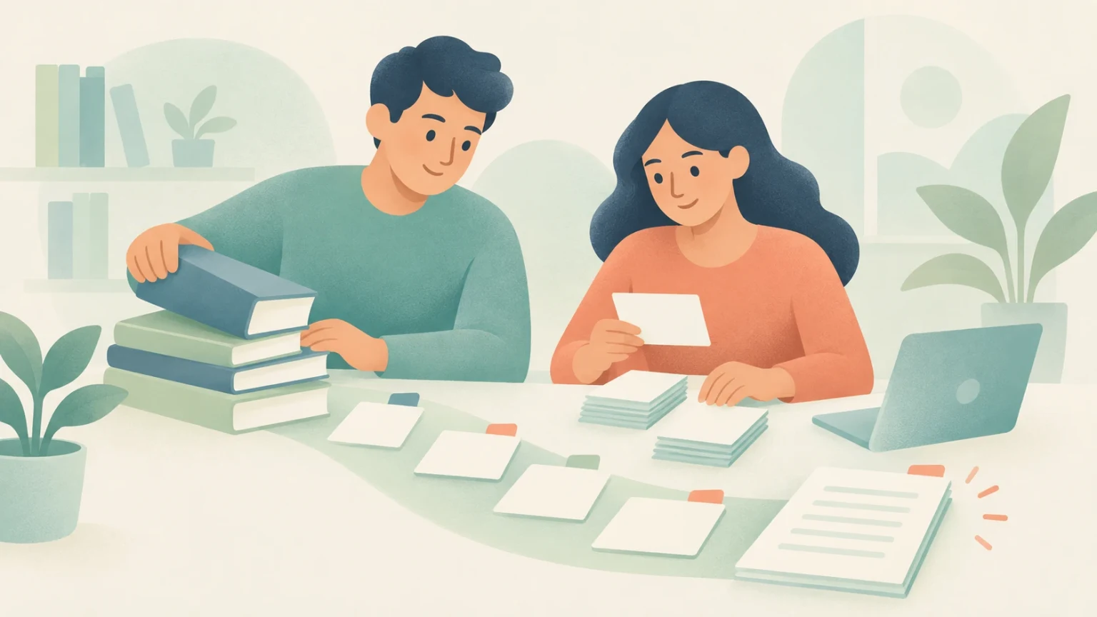 Two researchers at a desk organize note cards and books alongside an open laptop in an editorial illustration.