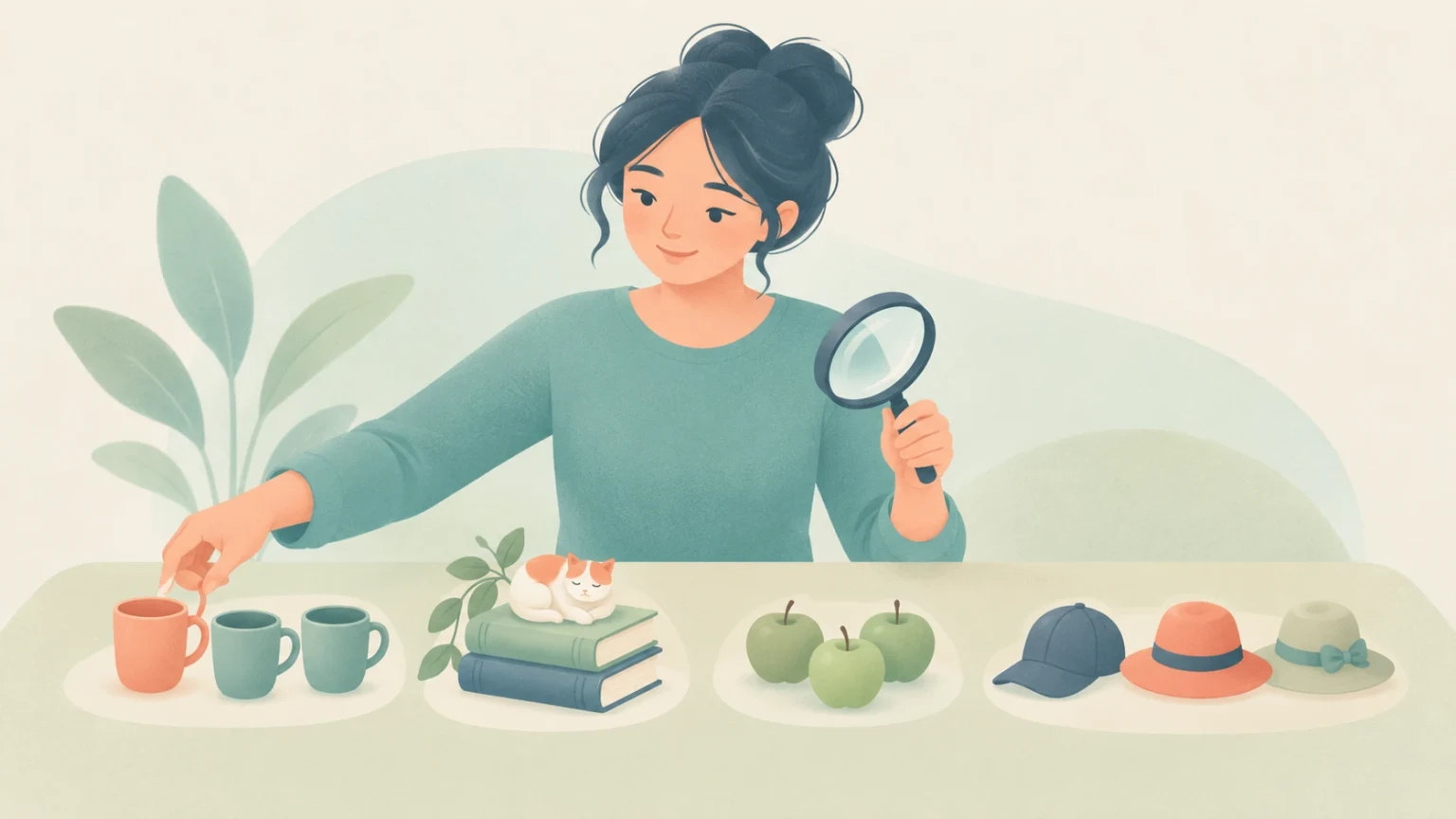 An editorial illustration of a woman holding a magnifying glass and pointing to one of three mugs on a table alongside books, apples, and hats.