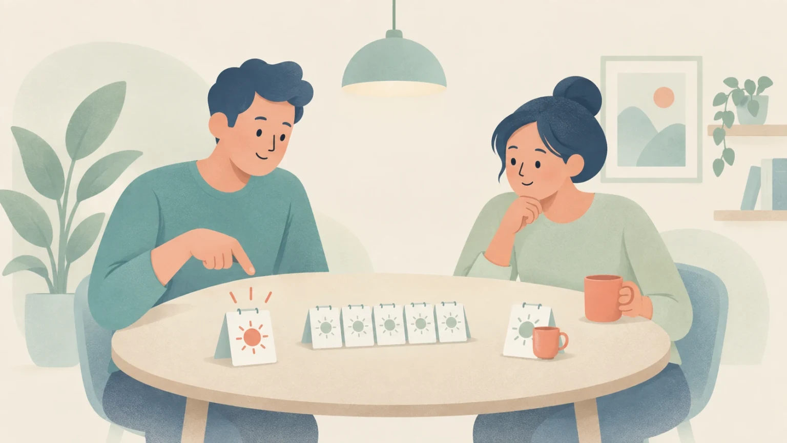 A man points to a highlighted calendar among several recurring date cards as he and a woman plan a schedule at a table.