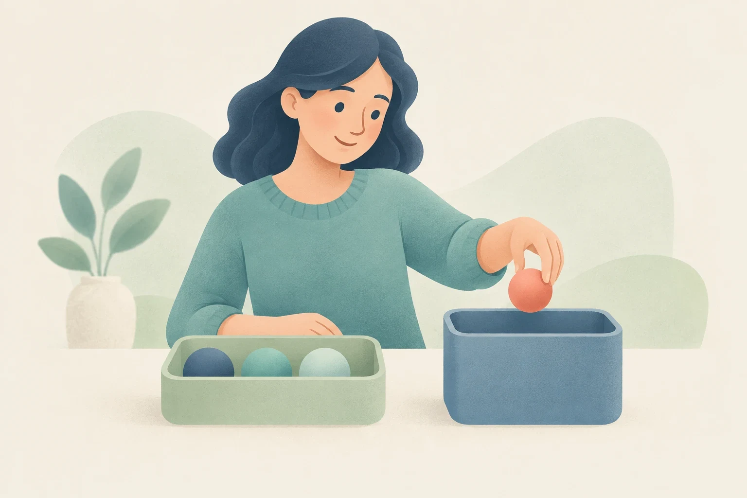 An illustration of a woman putting a ball into a box, beside another container with balls resting in it.