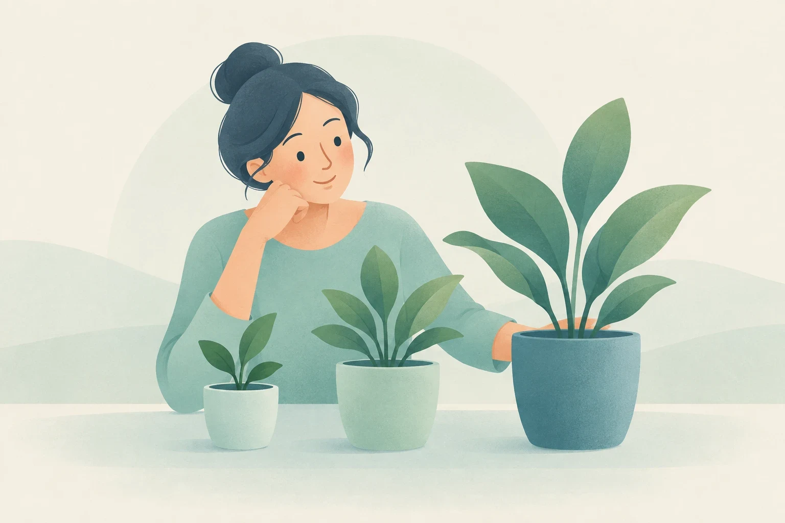 A woman thoughtfully looks at three potted house plants of increasing sizes arranged in a row on a table.
