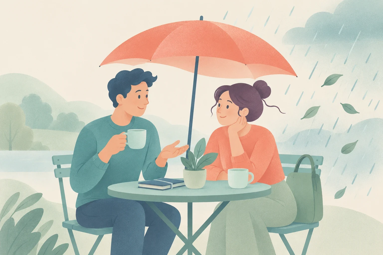 A man and woman sit under an umbrella at an outdoor cafe table, talking and drinking coffee despite the rain falling around them.