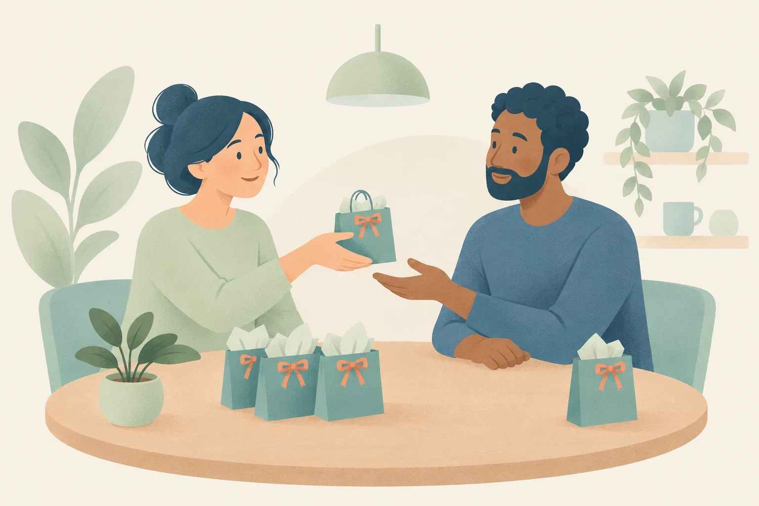 An editorial illustration of a woman handing a small gift bag across a table to a man reaching out to accept it.