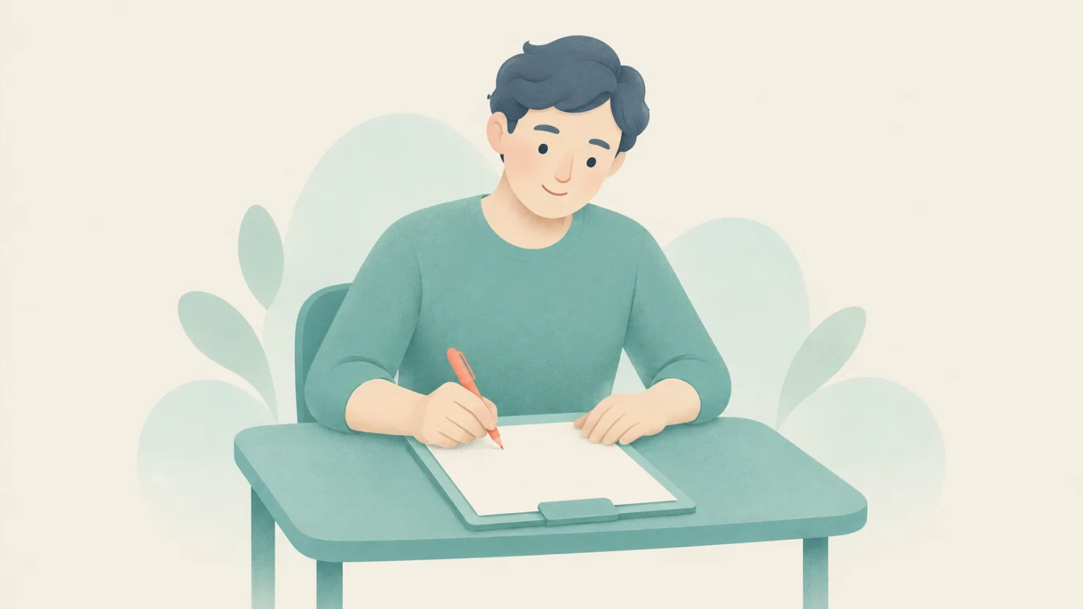 A person in a teal shirt sits at a desk, holding a coral pen to a blank sheet on a clipboard, with soft leaf shapes behind them.