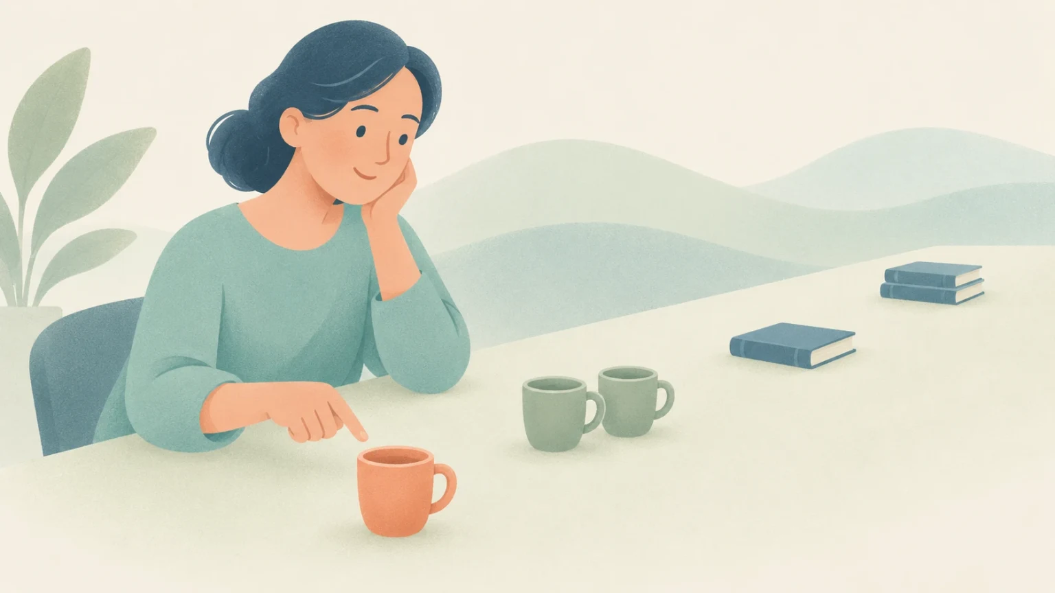 An editorial illustration of a woman pointing to a nearby cup on a table, with two cups, one book, and two stacked books arranged at increasing distances.
